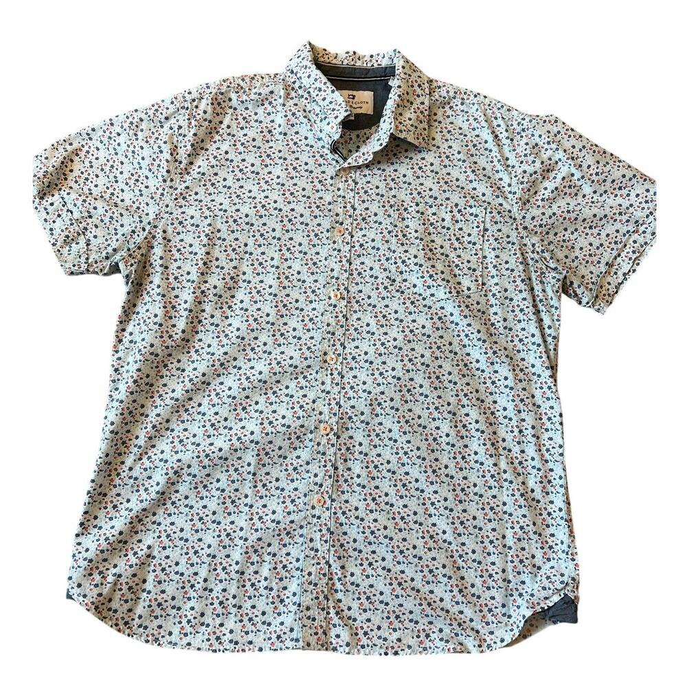 Men's Thread & Cloth Floral Button Down, Short Sleeve, White/Blue, Large
